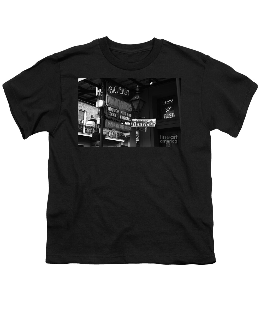 New Orleans Youth T-Shirt featuring the photograph Neon Sign on Bourbon Street Corner French Quarter New Orleans Black and White by Shawn O'Brien