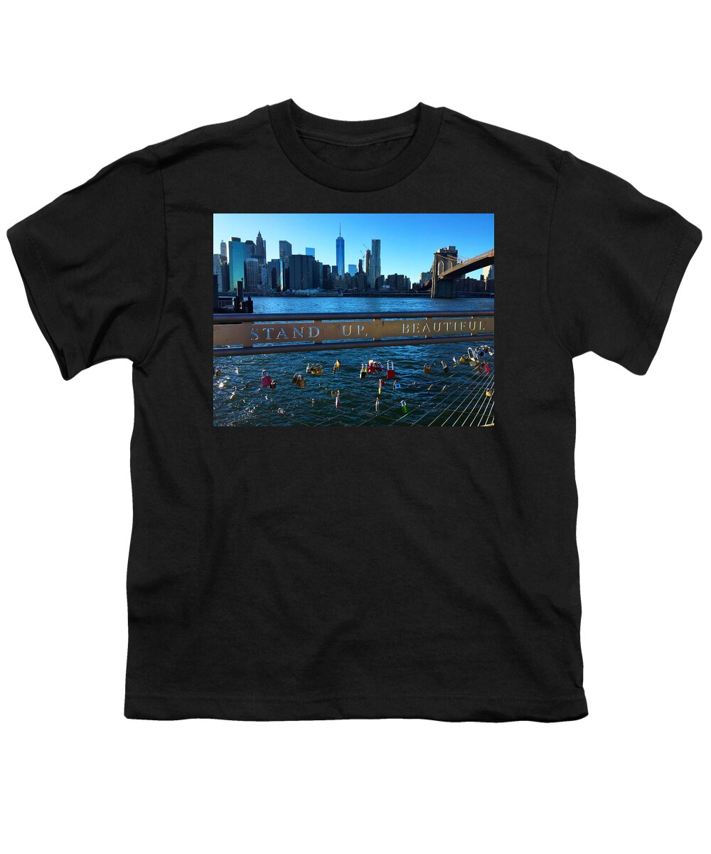 Nyc Youth T-Shirt featuring the photograph New York City Skyline with Brooklyn Bridge by Joann Vitali
