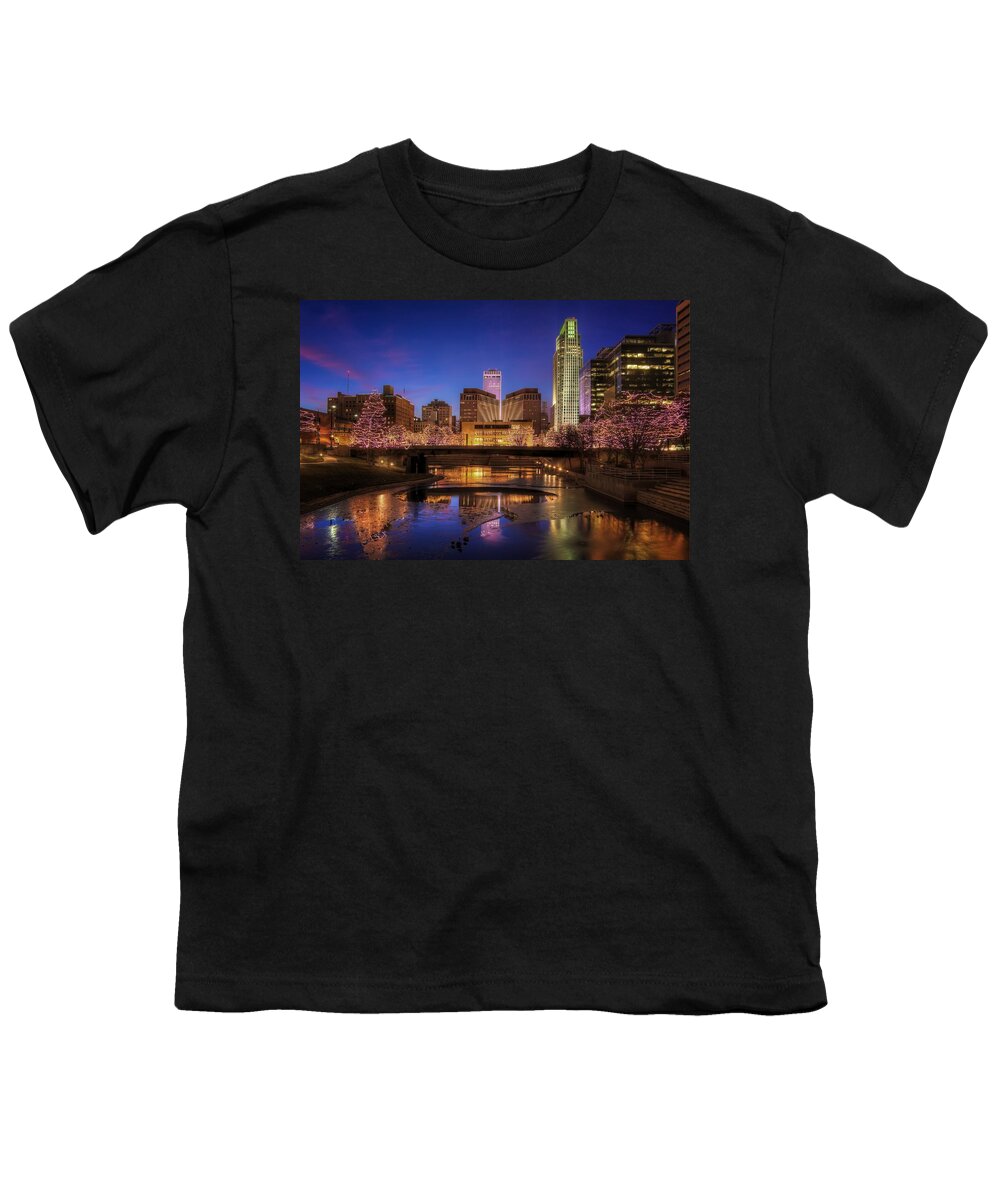 Omaha Nebraska Youth T-Shirt featuring the photograph Night Cityscape - Omaha - Nebraska by Nikolyn McDonald