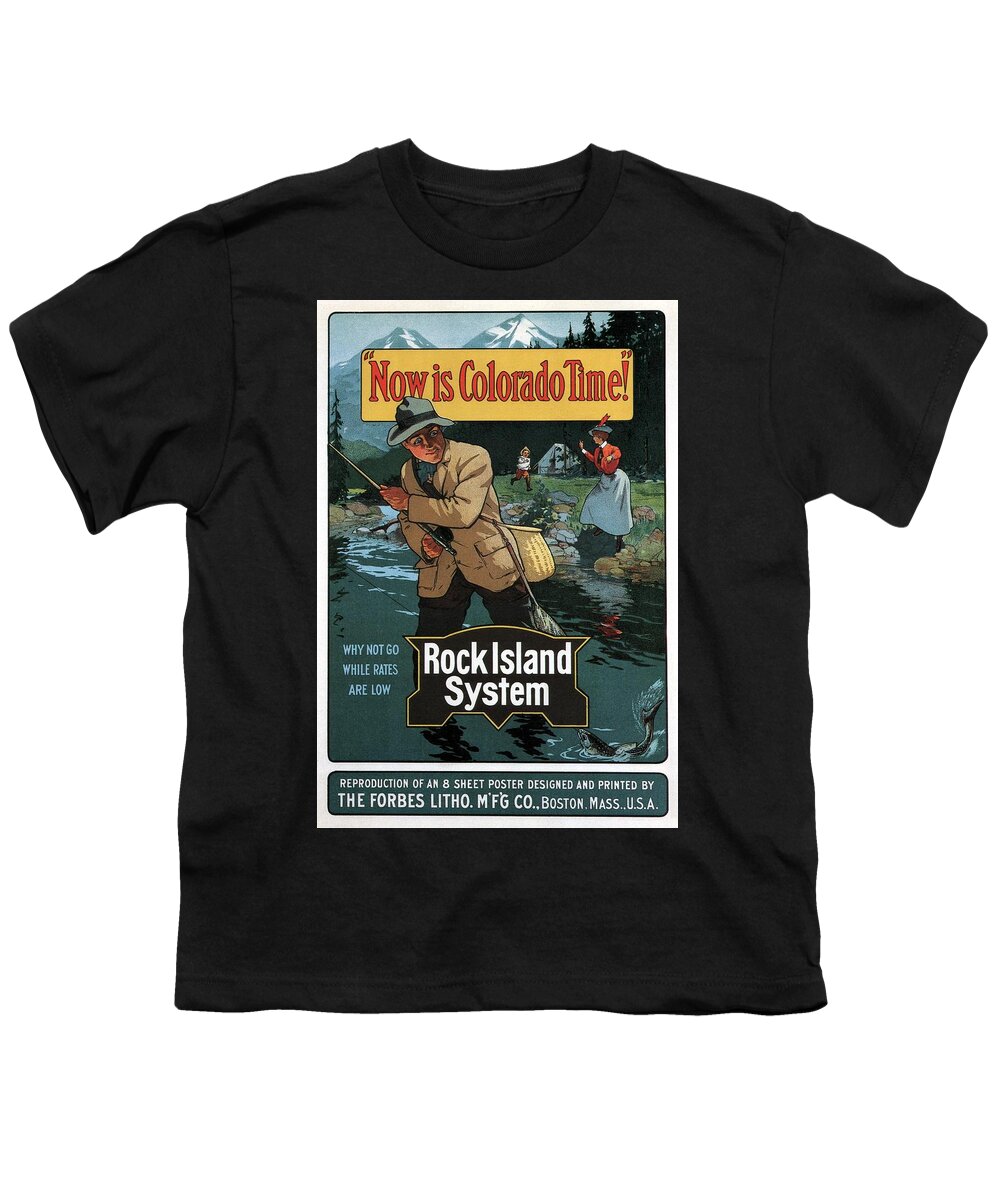 Now Is Colorado Time Youth T-Shirt featuring the mixed media Now Is Colorado Time - Rock Island System - Retro travel Poster - Vintage Poster by Studio Grafiikka