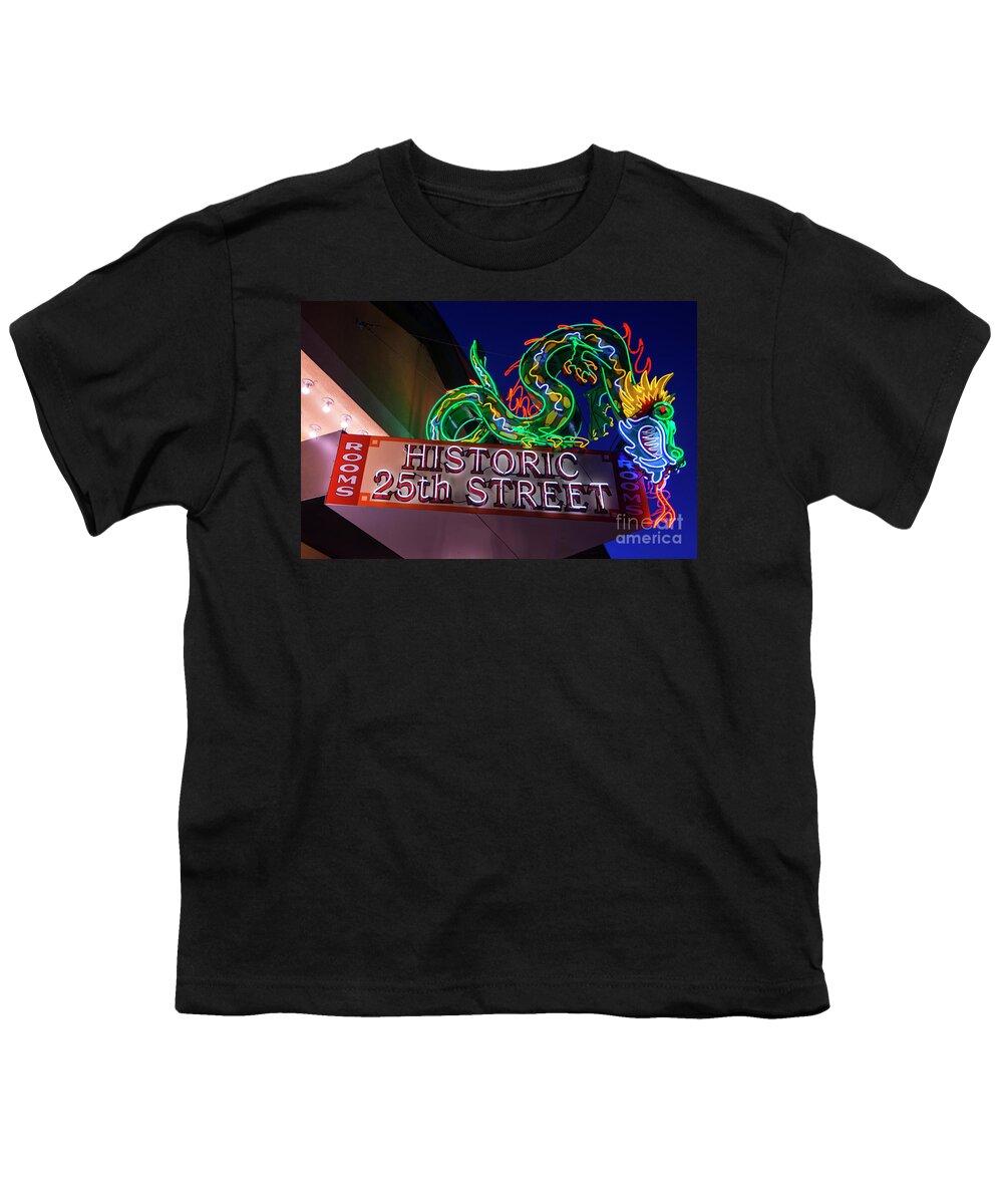 Utah Youth T-Shirt featuring the photograph Ogden's Historic 25th Street Neon Dragon Sign by Gary Whitton