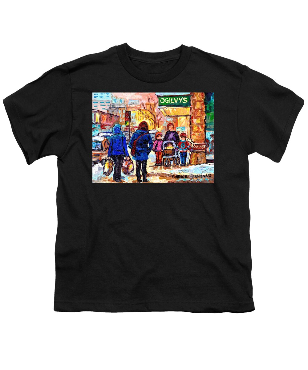 Downtown Montreal Youth T-Shirt featuring the painting Ogilvy's Beautiful Sunny Winter Stroll Downtown Montreal City Scene Painting Carole Spandau     by Carole Spandau