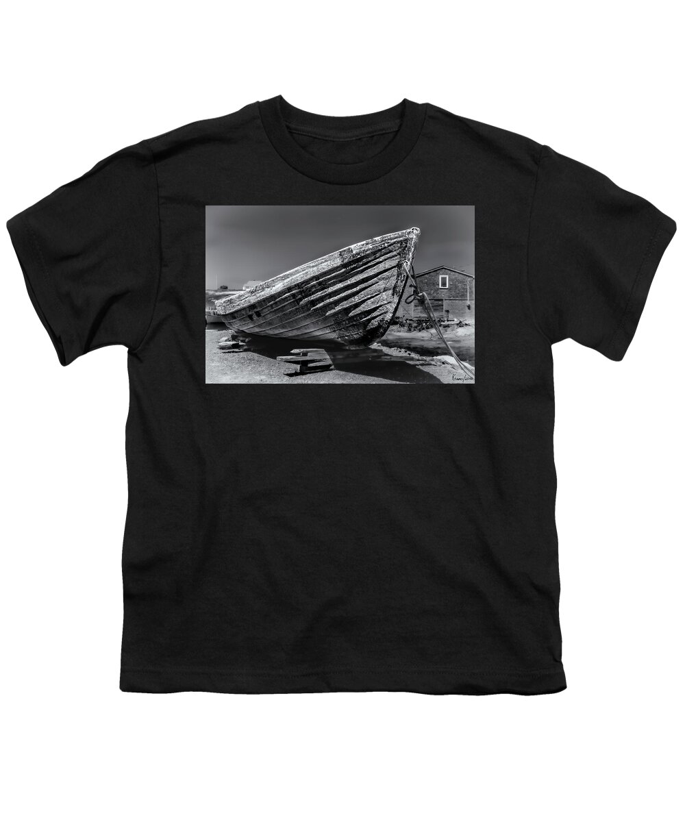 Peggy's Cove Youth T-Shirt featuring the photograph Old Dory in Black and White by Ken Morris