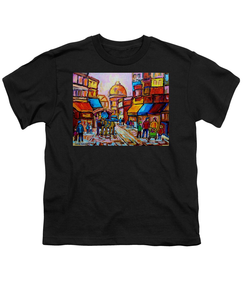 Montreal Youth T-Shirt featuring the painting Old Montreal Rue St. Paul And Bonsecour Market by Carole Spandau