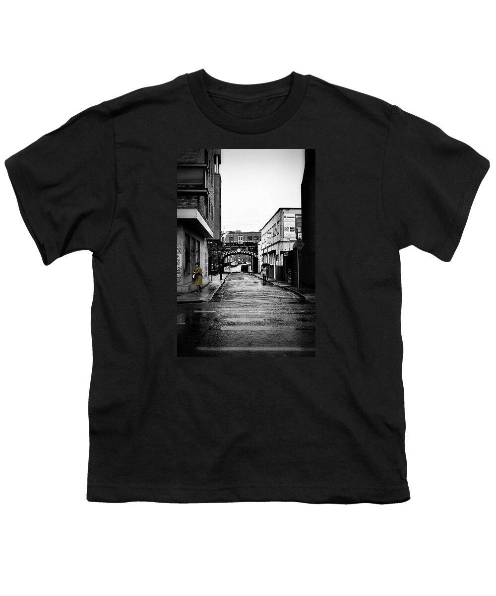 Dublin Youth T-Shirt featuring the photograph The Rail and the Green Raincoat by Nadalyn Larsen