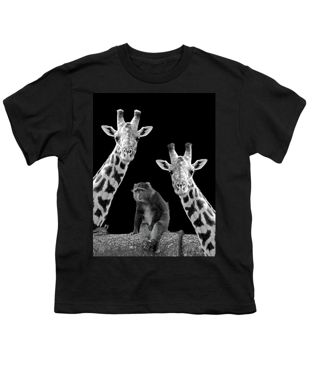 Giraffe Youth T-Shirt featuring the photograph Our Wise Little Friend - Monkey and Giraffes in Black and White by Gill Billington
