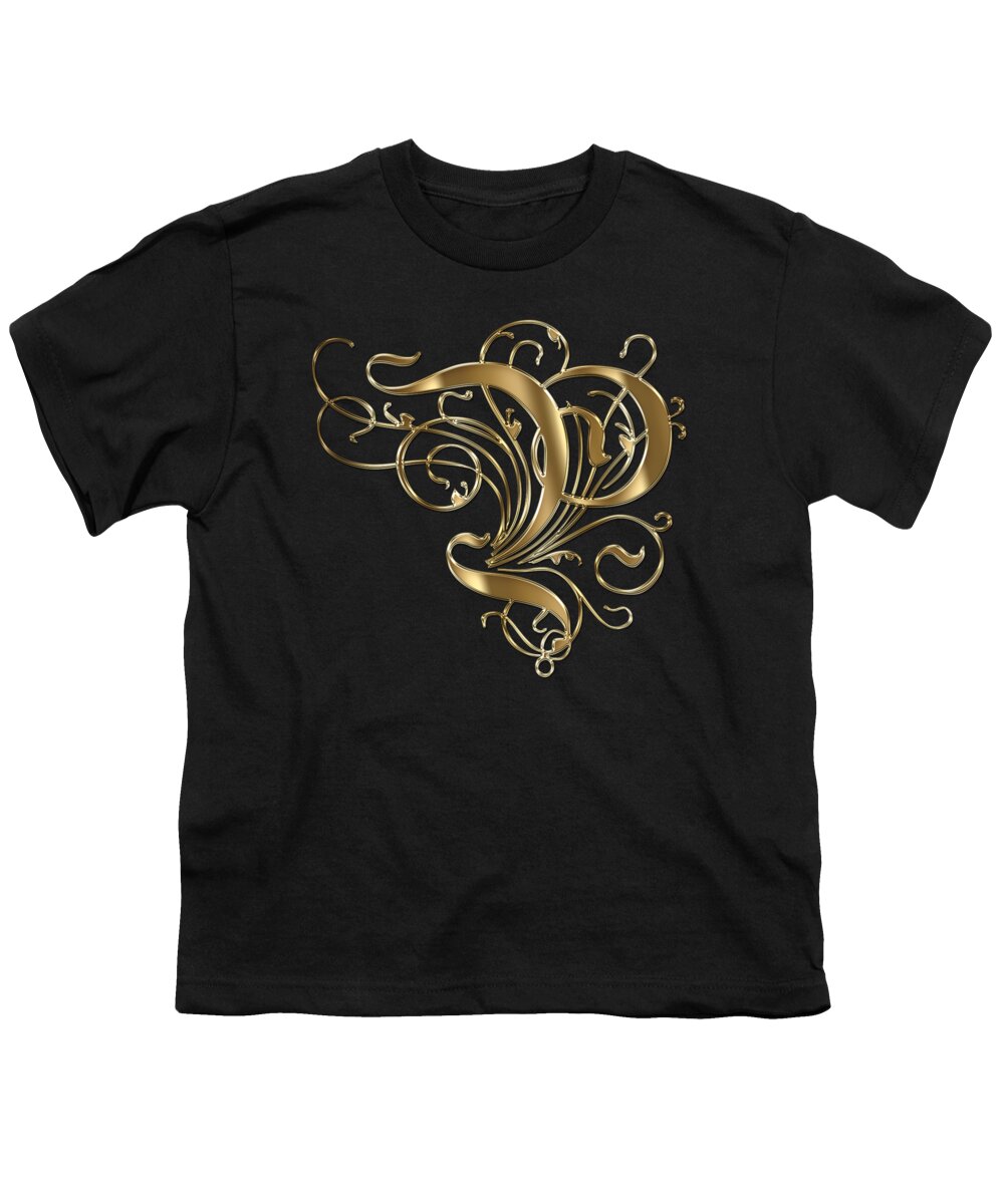 Golden Letter P Youth T-Shirt featuring the painting P Golden Ornamental Letter Typography by Georgeta Blanaru