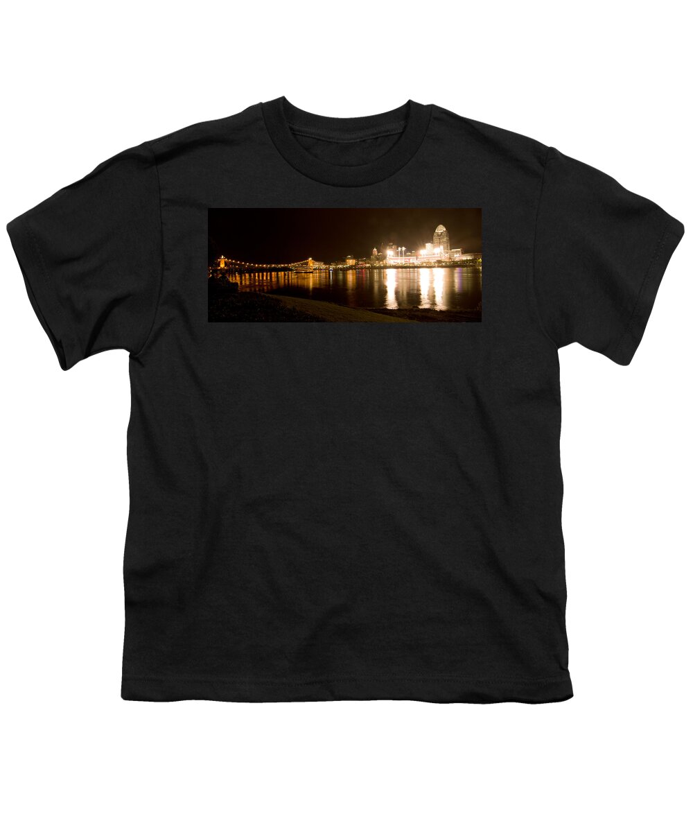 Allstars Game Youth T-Shirt featuring the photograph Panorama OHIO Suspension bridge to Great American Tower by Randall Branham