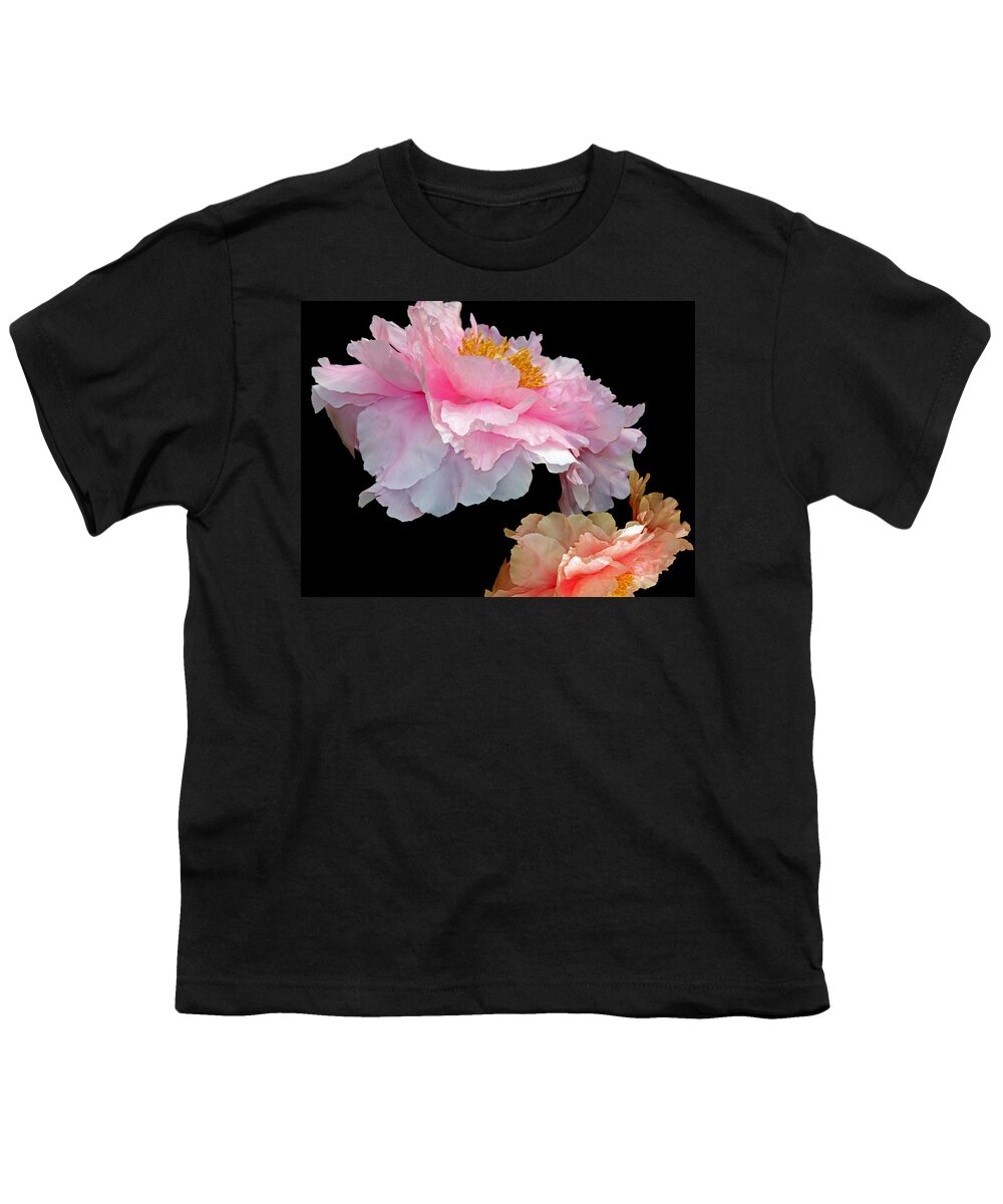 Beauty Youth T-Shirt featuring the mixed media Pas De Deux Glowing Peonies by Lynda Lehmann