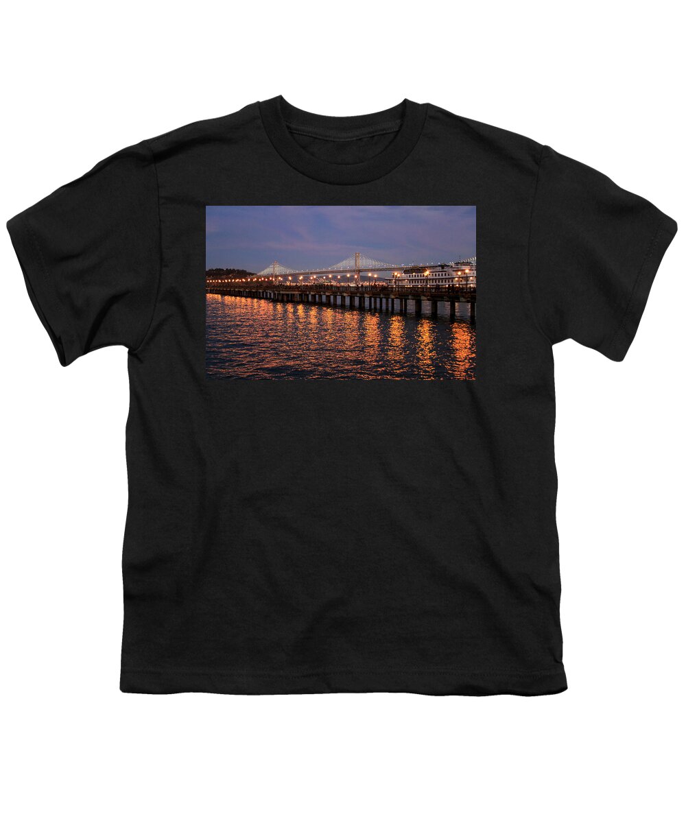 Bonnie Follett Youth T-Shirt featuring the photograph Pier 7 and Bay Bridge Lights at Sunset by Bonnie Follett