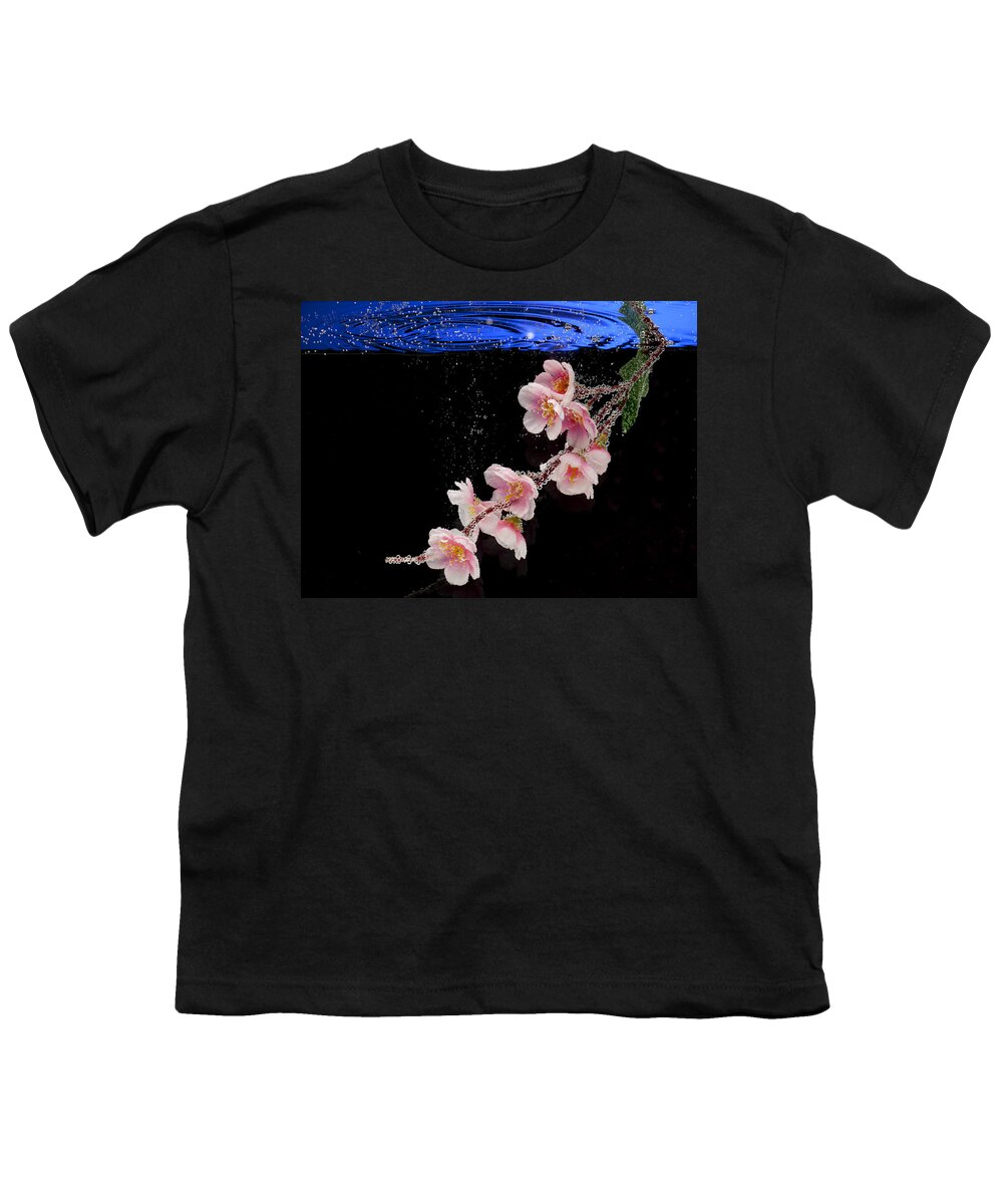 Water Youth T-Shirt featuring the photograph Pink Blossom in Water with Bubbles by Dmitry Soloviev