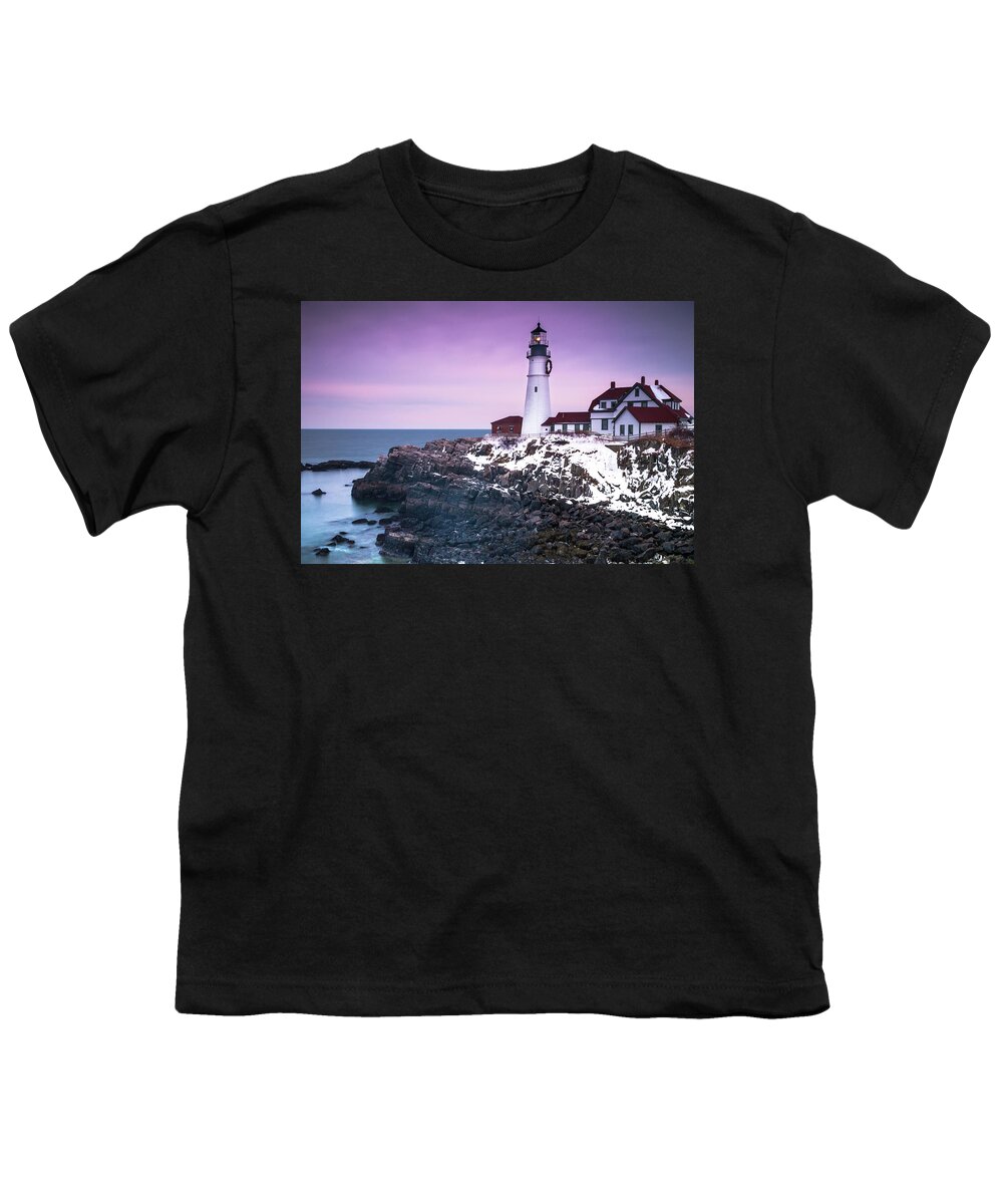 Maine Youth T-Shirt featuring the photograph Maine Portland Headlight Lighthouse in Winter Snow by Ranjay Mitra