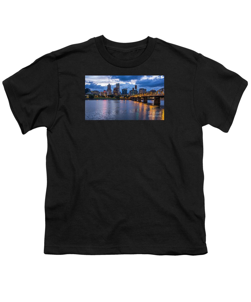 Hawthorne Bridge Youth T-Shirt featuring the photograph Portland Skyline Along Willamette River by Bryan Mullennix