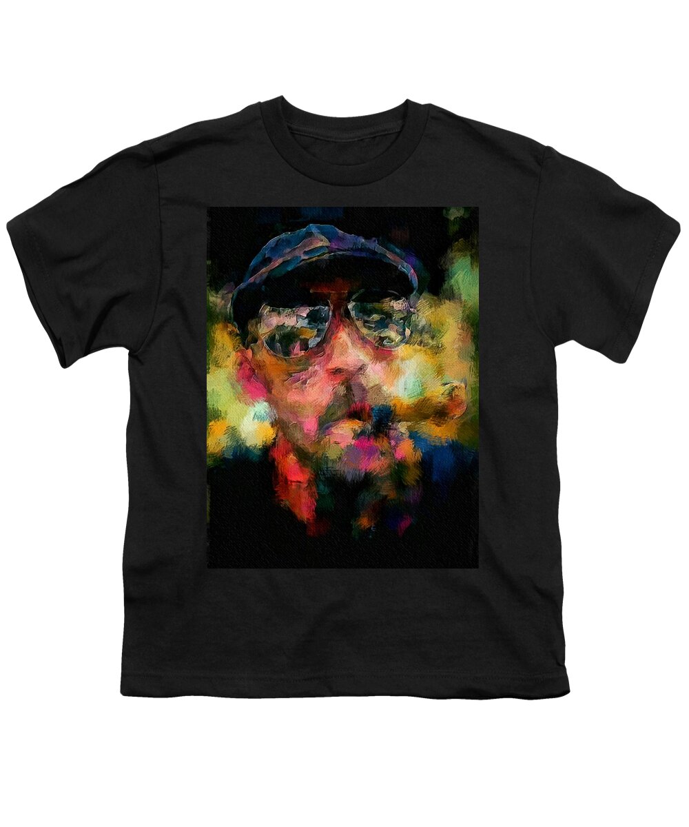Harley Davidson Youth T-Shirt featuring the painting Portrait of a man in sunglass smoking a cigar in the sunshine wearing a hat and riding a motorcycle in pink green yellow black blue oil paint with raking light to pick up paint texture by MendyZ