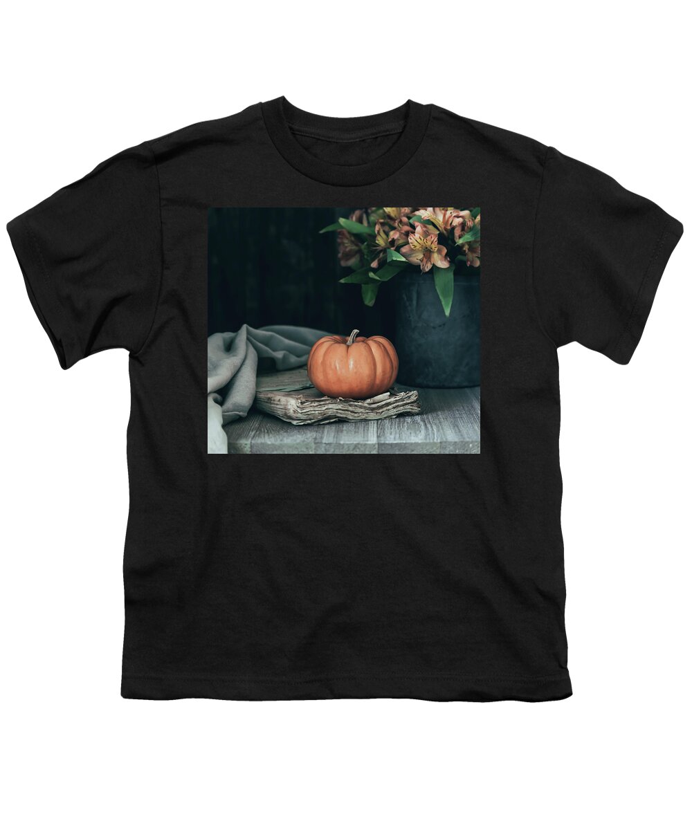 Pumpkin Youth T-Shirt featuring the photograph Pumpkin and Flowers Still Life by Kim Hojnacki