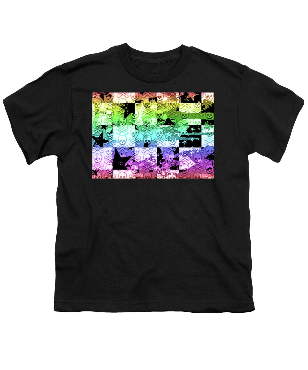 Rainbow Youth T-Shirt featuring the digital art Rainbow Checker Skull Splatter by Roseanne Jones