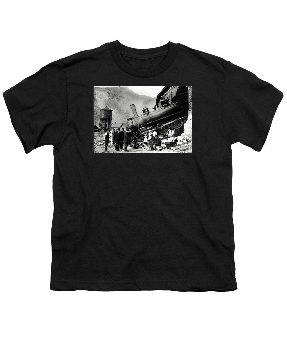 Train Wreck Youth T-Shirt featuring the photograph Roundhouse Locomotive Crash - Minturn - 1913 by War Is Hell Store