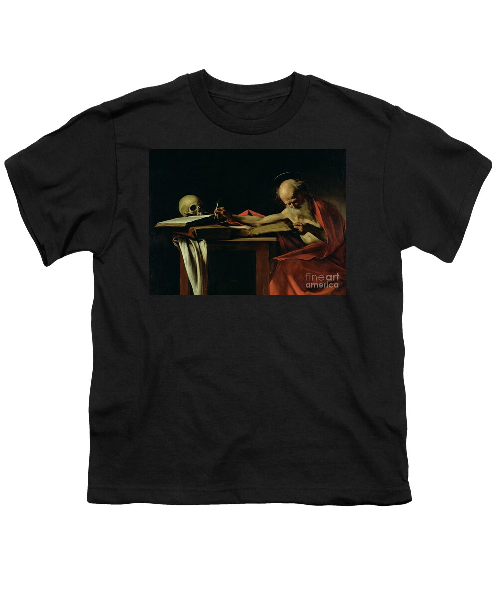 St Jerome Writing Youth T-Shirt featuring the painting Saint Jerome Writing by Caravaggio