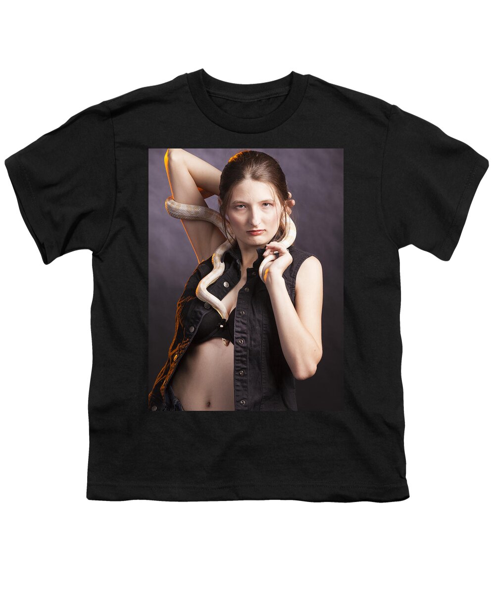 Snake Woman Youth T-Shirt featuring the photograph Snake Lady or Girl with Live Snake Photograph 5267.02 by M K Miller