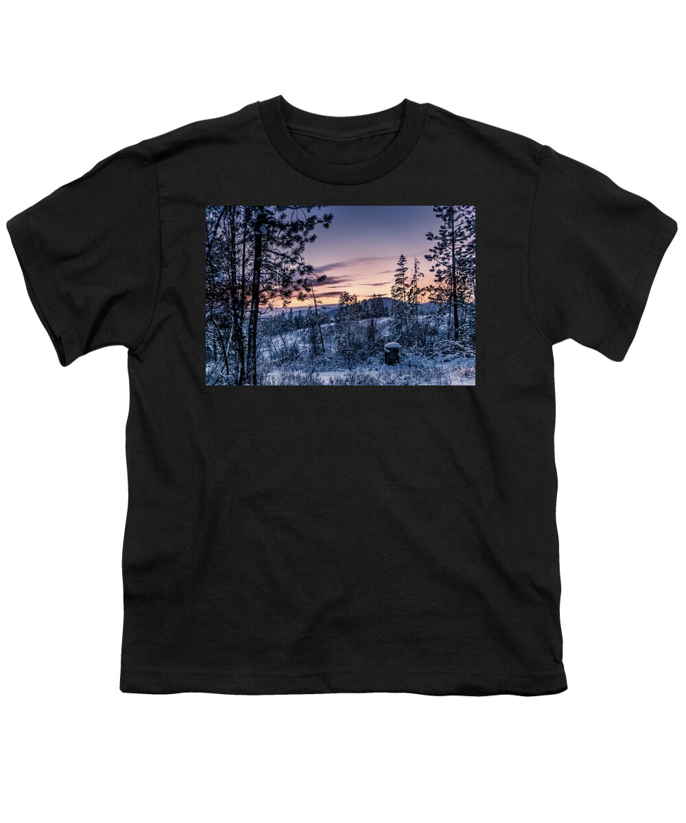 Photograph Youth T-Shirt featuring the photograph Snow Coved Trees and Sunset by Lester Plank