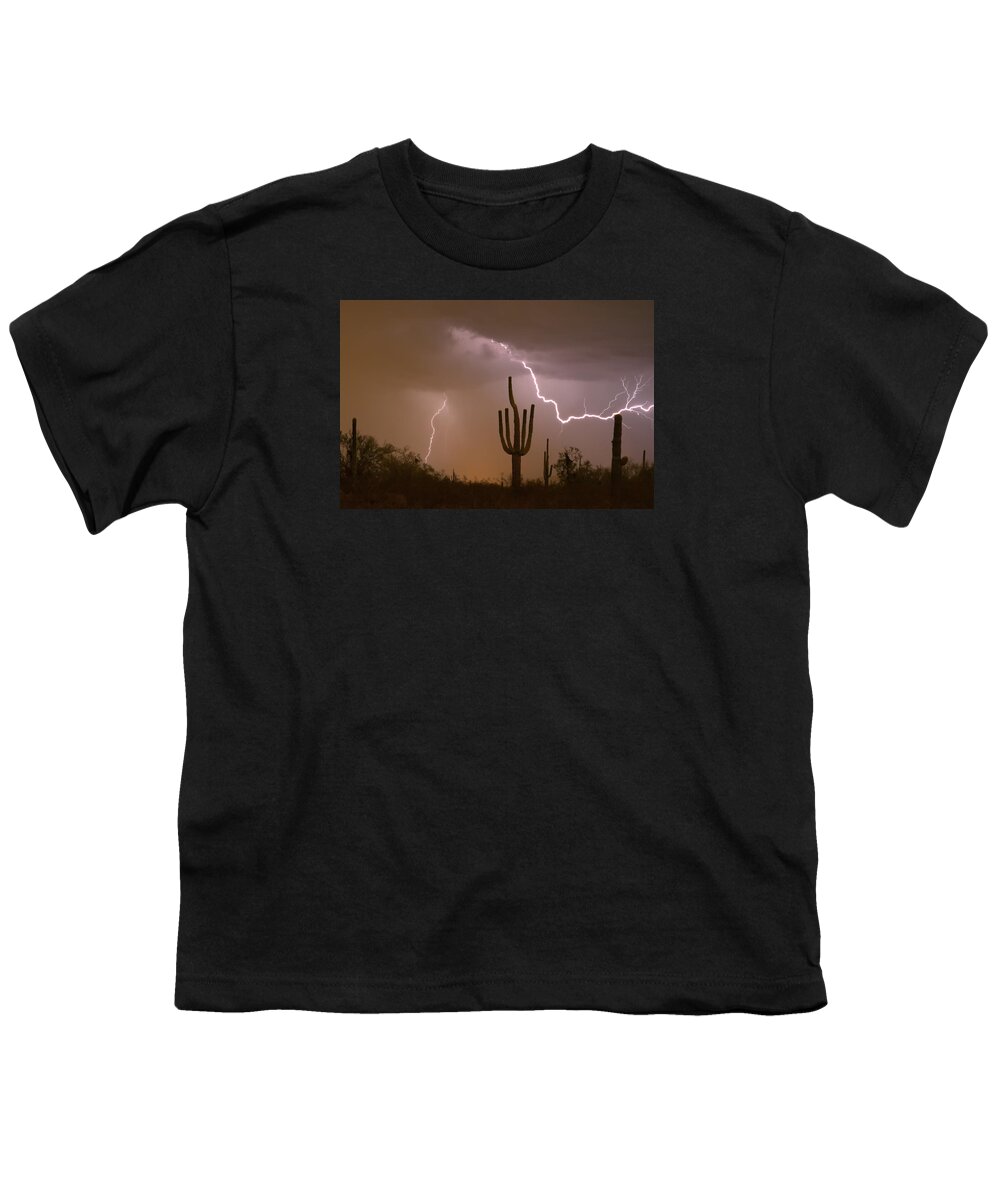 Lightning Youth T-Shirt featuring the photograph Sonoran Saguaro Southwest Desert Lightning Strike by James BO Insogna