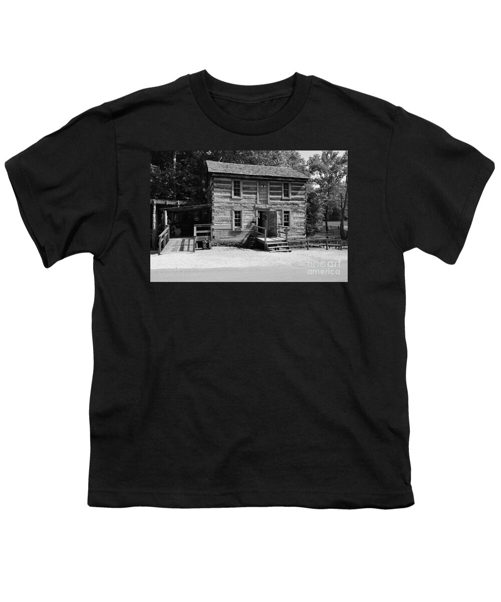 Log Buildings Youth T-Shirt featuring the photograph Squire Boone's Mill black and white by Stacie Siemsen