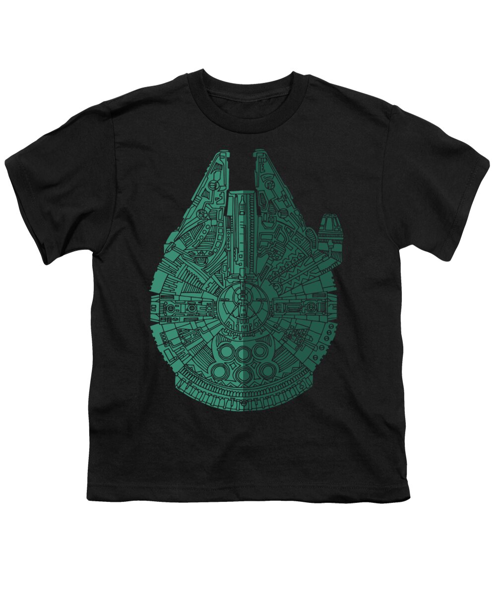 Millennium Youth T-Shirt featuring the mixed media Star Wars Art - Millennium Falcon - Blue Green by Studio Grafiikka