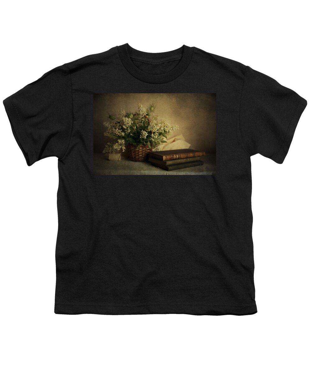 Still Life Youth T-Shirt featuring the photograph Still life with old books and white flowers in the basket by Jaroslaw Blaminsky