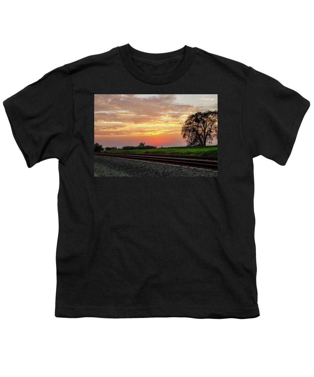 Railroad Youth T-Shirt featuring the digital art Sunset on the Tracks by Terry Davis