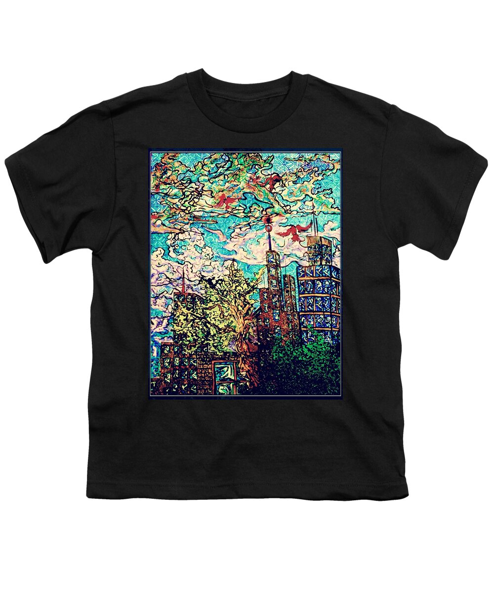Cityscape Youth T-Shirt featuring the drawing The City by Angela Weddle