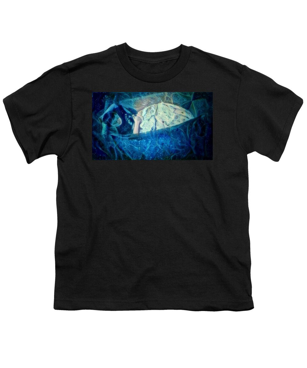 The Little Prince Youth T-Shirt featuring the digital art The little prince floating in box on a sea of dreams with chaotic swirls and waves of thought hope love and freedom portrait of a boy sleeping in a cardboard box on an ocean of inspiration by MendyZ