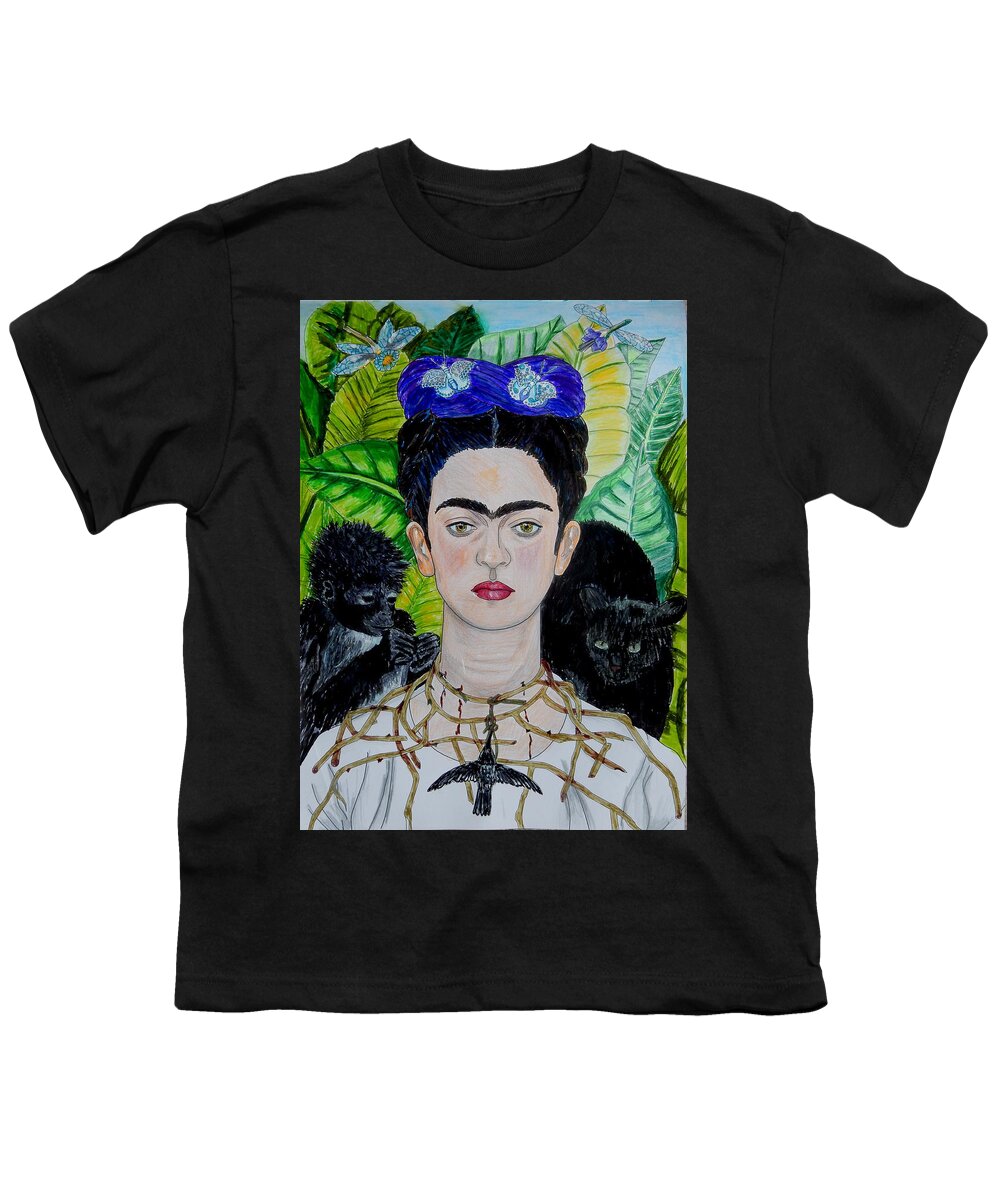 Frida Kahlo Youth T-Shirt featuring the mixed media Thorn Necklace and Hummingbird after Frida Kahlo by Betty-Anne McDonald
