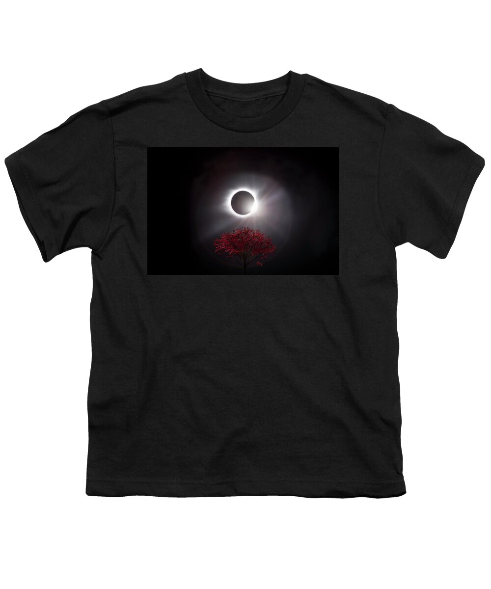 American Youth T-Shirt featuring the photograph Total Eclipse of the Sun in Art Diamond Ring and Tree by Debra and Dave Vanderlaan