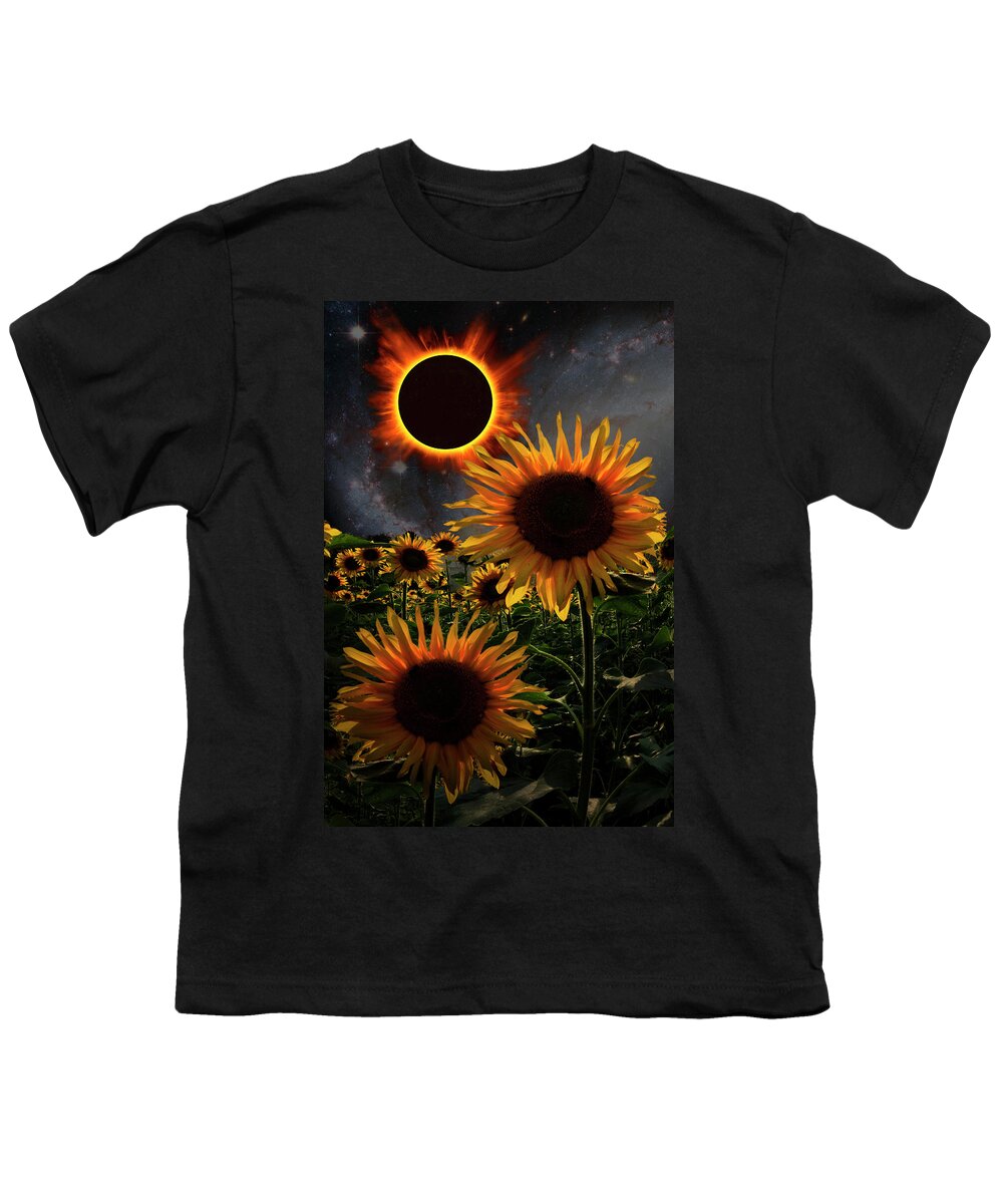 American Youth T-Shirt featuring the digital art Total Eclipse of the Sun Over the Sunflowers by Debra and Dave Vanderlaan