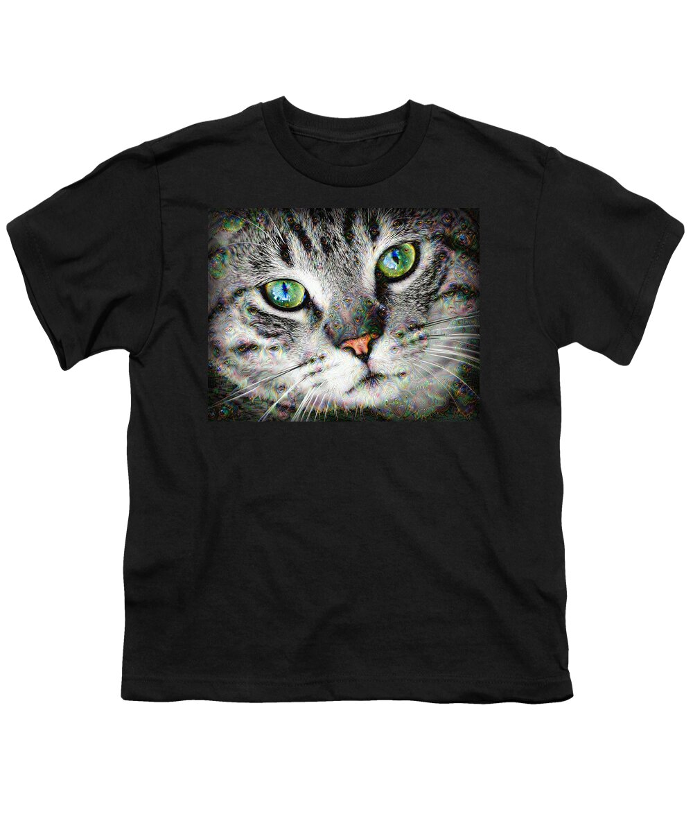 Cat Youth T-Shirt featuring the digital art Trippy deep dream cat portrait by Matthias Hauser
