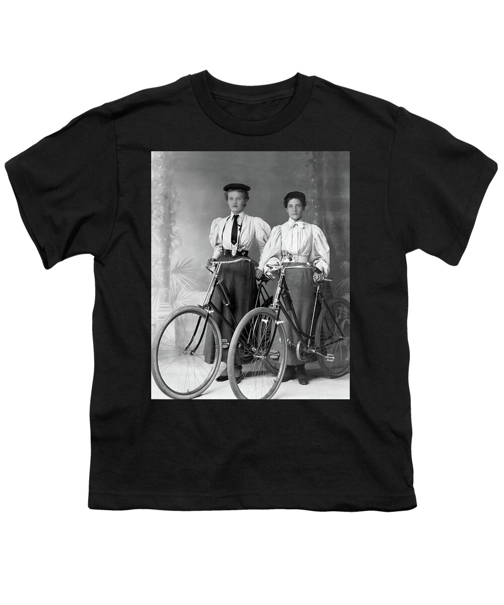 Gift Youth T-Shirt featuring the photograph Two Young Ladies with their Bicycles circa 1895 by Anthony Murphy