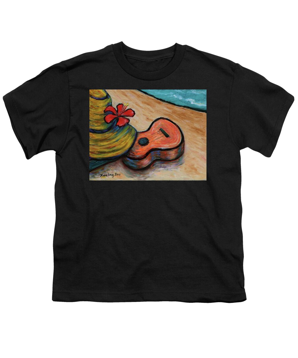 Hawaii Youth T-Shirt featuring the painting Ukulele and Hibiscus Flower on a Hawaii Beach by Xueling Zou