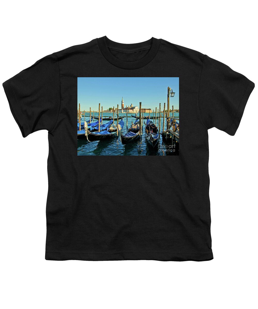 Venetian Gondolas Youth T-Shirt featuring the photograph Venice gondolas - evening by Maria Rabinky