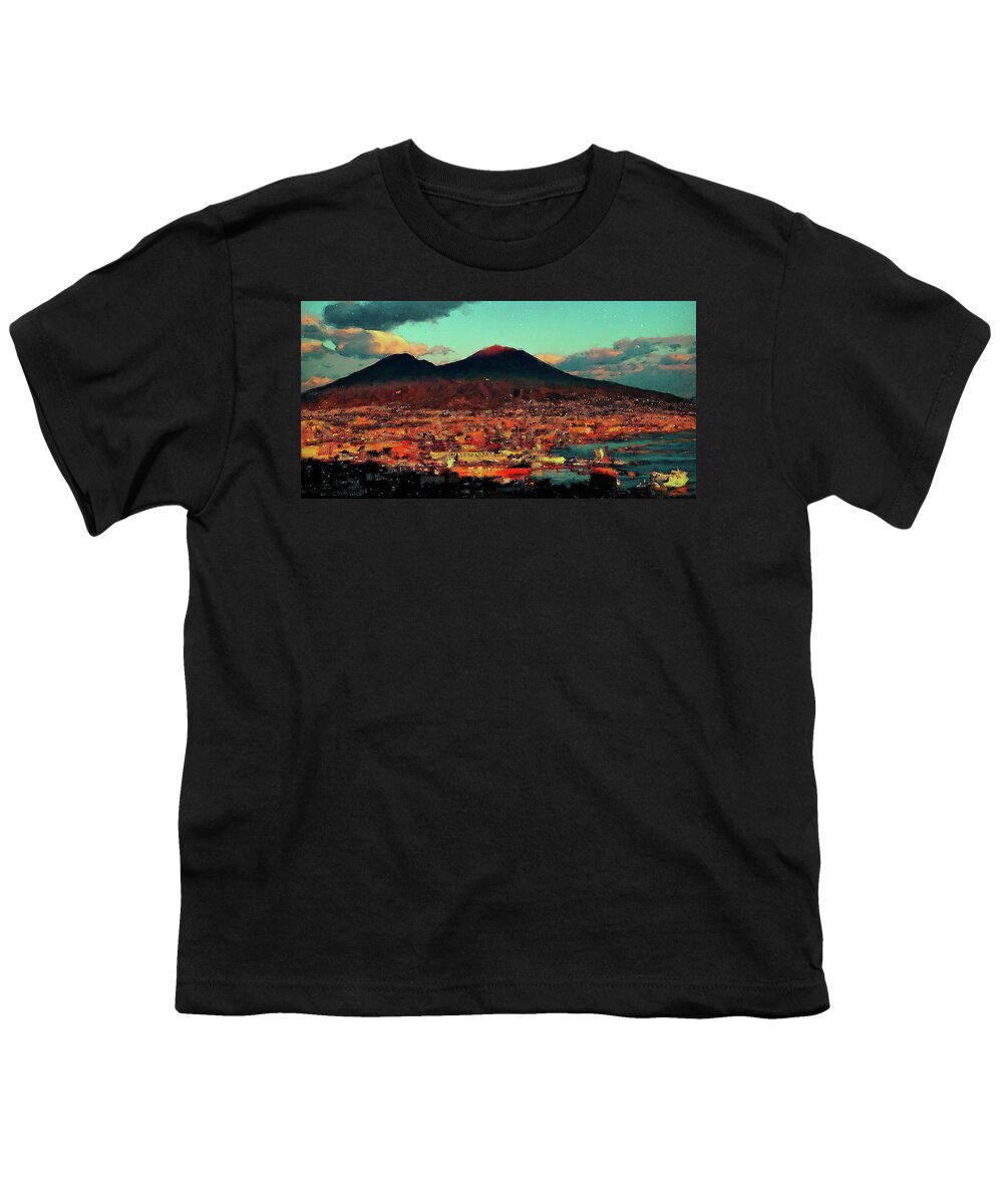 Gulf Of Naples Youth T-Shirt featuring the painting Vesuvio, panorama from Naples - 01 by AM FineArtPrints