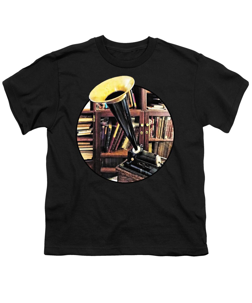 Phonograph Youth T-Shirt featuring the photograph Vintage Phonograph in Library Circa 1880 by Susan Savad