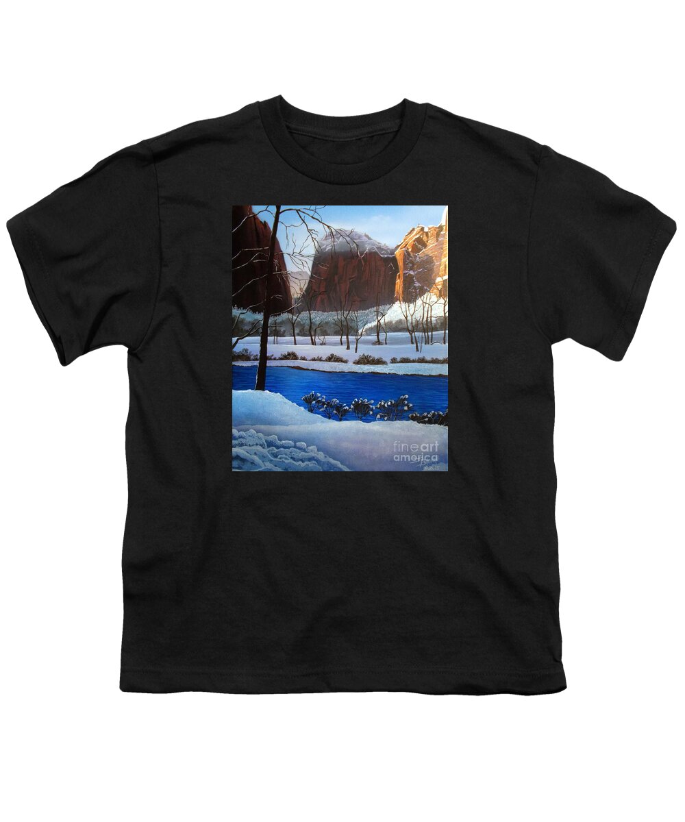 Utah Youth T-Shirt featuring the painting Virgin Snow ZION by Jerry Bokowski