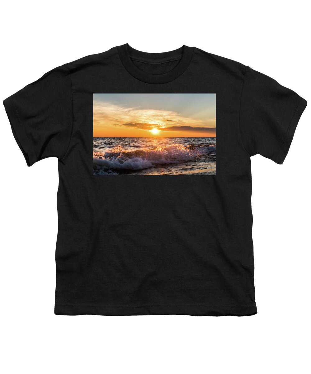 Landscape Youth T-Shirt featuring the photograph Waves Crashing With Suset by Lester Plank