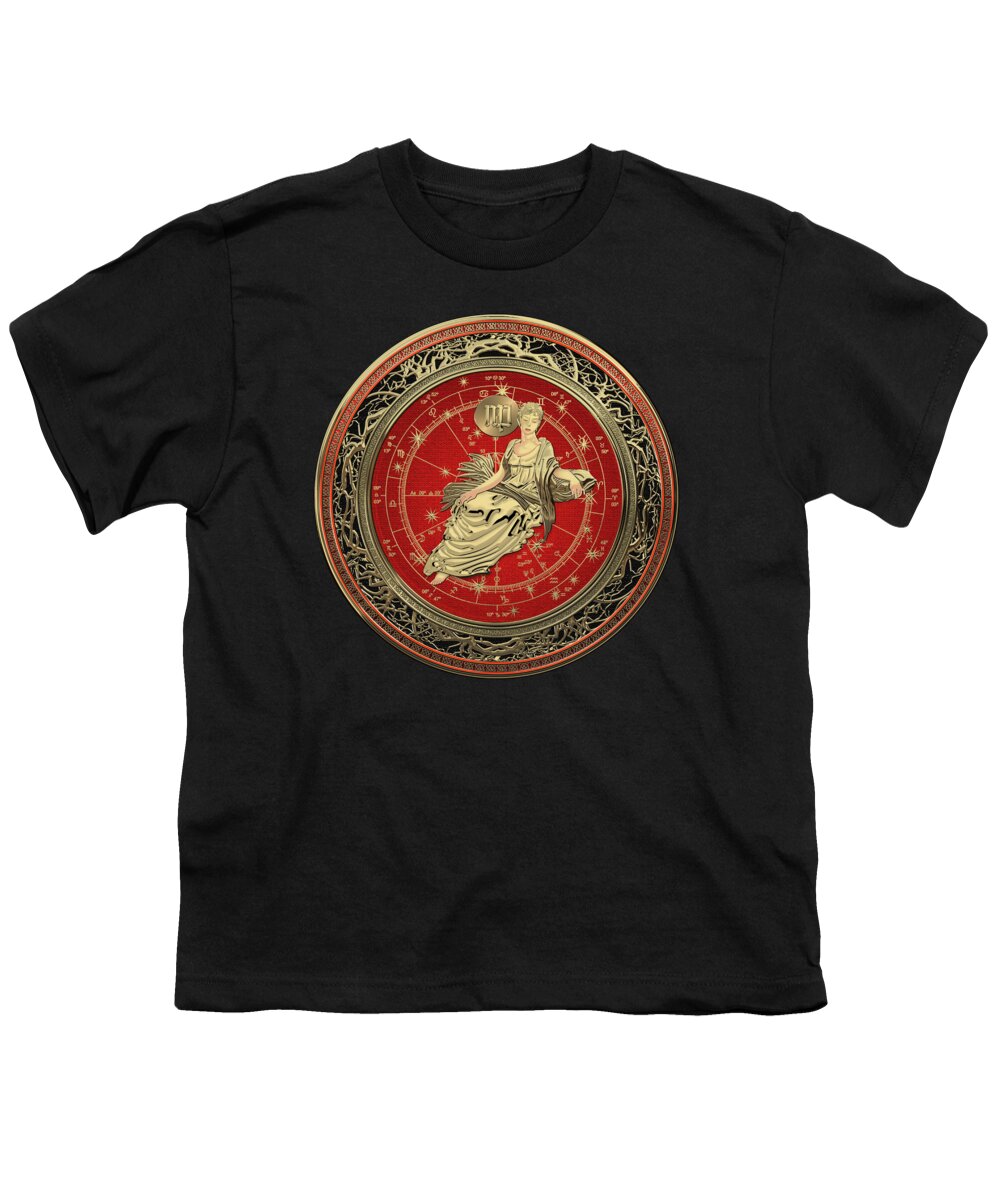 ‘zodiac’ Collection By Serge Averbukh Youth T-Shirt featuring the digital art Western Zodiac - Golden Virgo - The Maiden on Black Velvet by Serge Averbukh