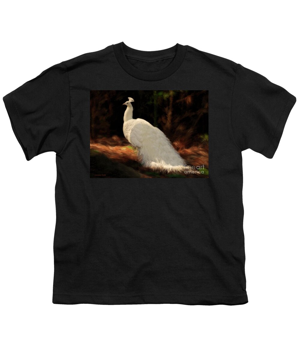 Peacock Youth T-Shirt featuring the painting White Peacock in Golden Hour by Constance Woods
