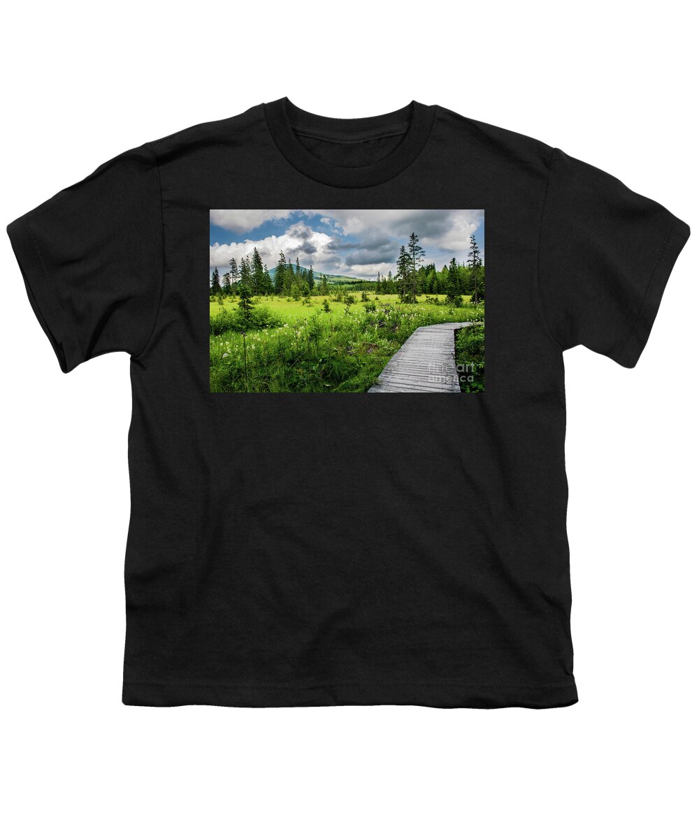 Austria Youth T-Shirt featuring the photograph Wooden path through moor in Austria by Andreas Berthold