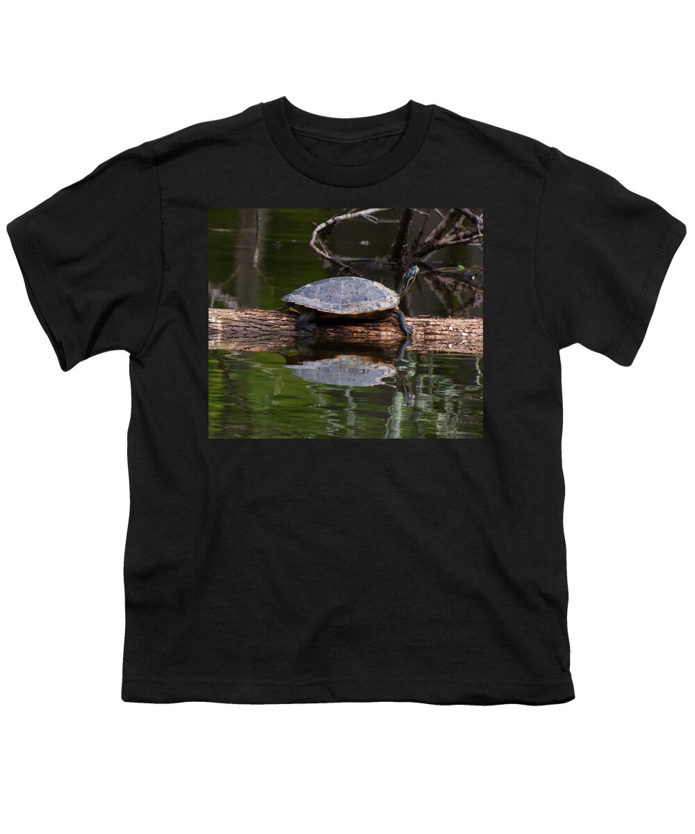Slider Youth T-Shirt featuring the digital art Yellow Bellied Slider resting on a log by Flees Photos