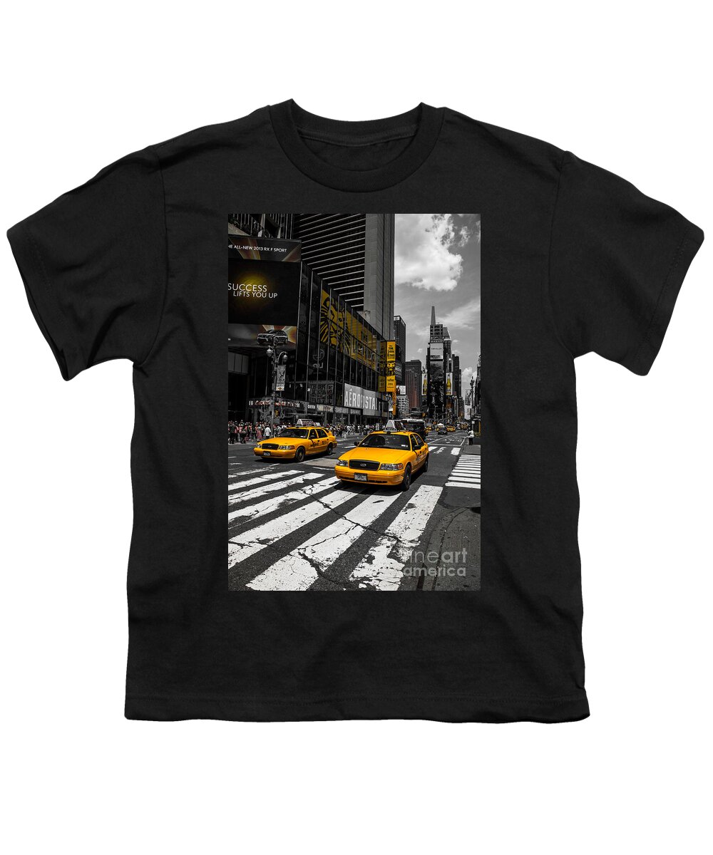 Manhattan Youth T-Shirt featuring the photograph Yellow Cabs cruisin on the Times Square by Hannes Cmarits