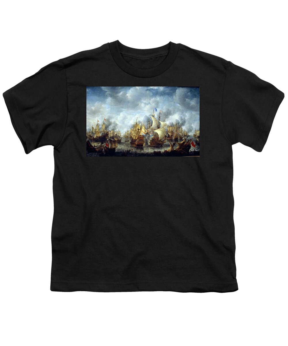 1653 Youth T-Shirt featuring the photograph Battle of Terheide painting, 1653 of the Anglo Dutch Wars #3 by Steve Estvanik