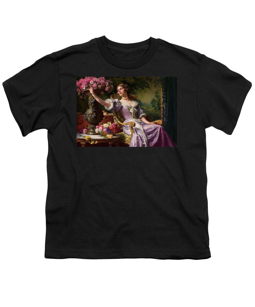 Lady In A Lilac Dress Youth T-Shirt featuring the painting A Lady In A Lilac Dress With Flowers by Wladyslaw Czachorski by Rolando Burbon