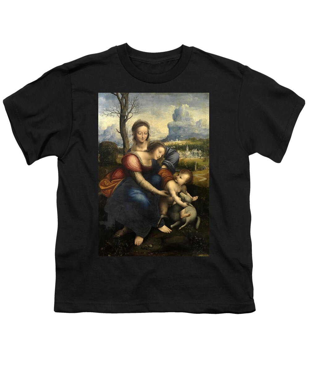 Anonimo (copia Leonardo Da Vinci) Youth T-Shirt featuring the painting Anonymous -Copy Leonardo da Vinci- / 'The Virgin and Child with Saint Anne', Early 16th century. by Leonardo da Vinci -1452-1519-